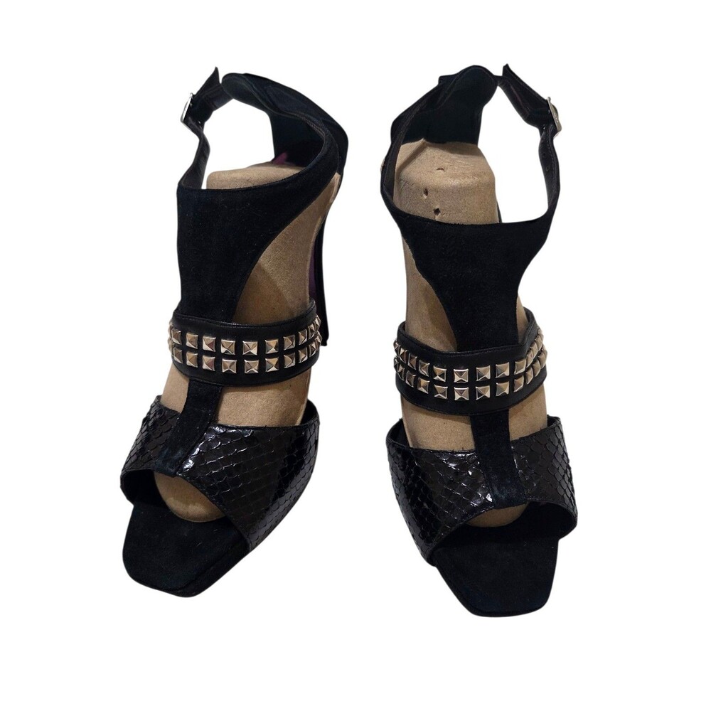 Barbara Bui Snakeskin Suede Studded T Strap Stiletto Pumps Black Silver EU 40